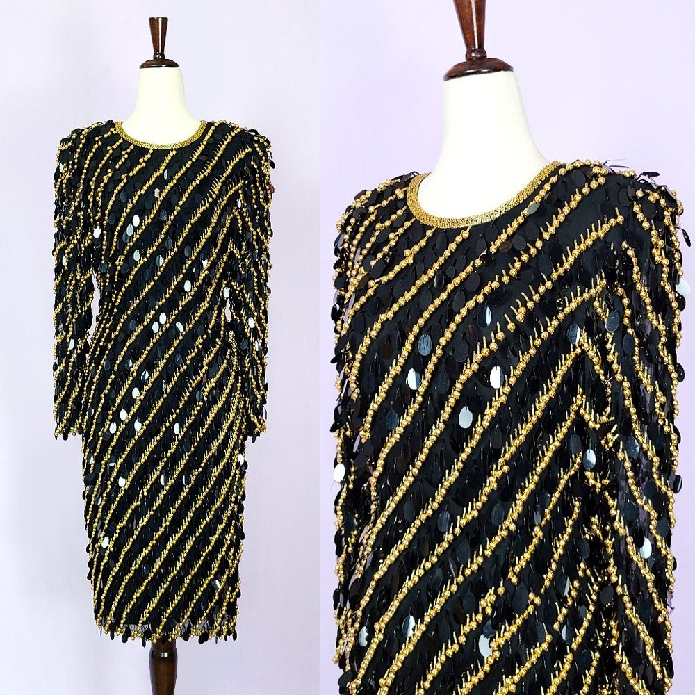 Vintage Sho Max Originals black gold sequin dress